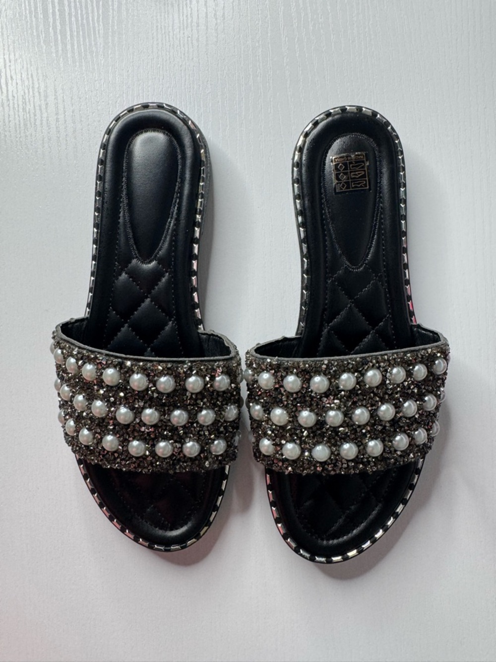 Pearl & Crystal Embellished Black Slide Mules